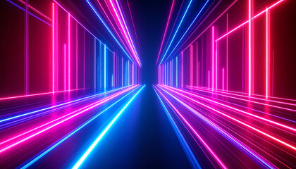 A vibrant, futuristic corridor illuminated by neon pink and blue lights, creating a sense of depth and movement in a dark environment