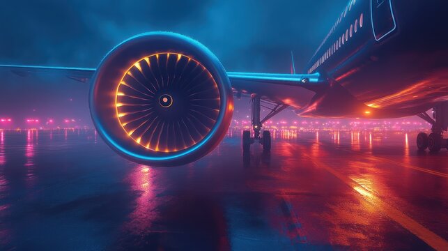 Jet engine of an airplane on a wet runway at night, illuminated by vibrant neon lights. - Powered by Adobe