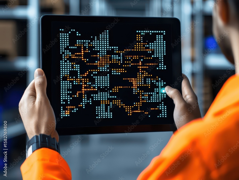 Poster engineer warehouse shipping concept. warehouse worker using a tablet to analyze data in a logistics 
