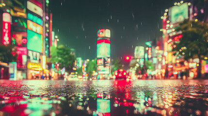 Dynamic city background with wet asphalt in sharp focus, blurred headlights and neon signs in motion