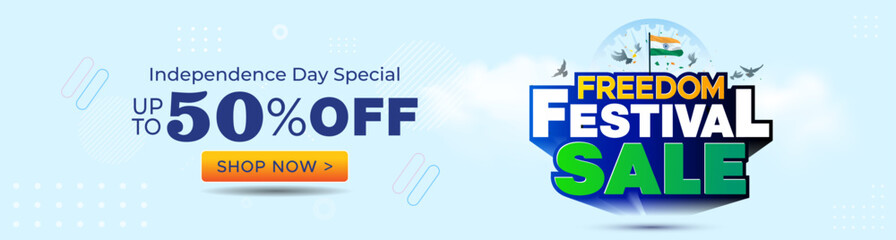 Website banner poster for india independence day freedom festival sale. 50% off, offer, deal and discount 3d logo with tricolour background.
