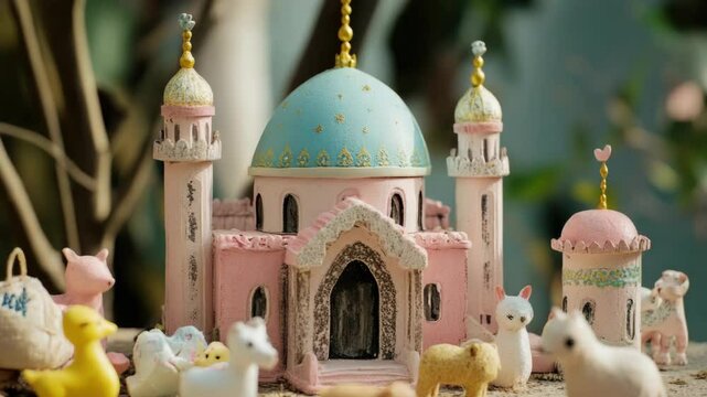 Decorative model of a mosque with minuscule pink camels and birds.