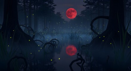 Enchanted nighttime scene with blood-red moon, glowing fireflies, silhouetted trees, reflective pond, and a dreamy, mystical atmosphere under a gradient starry twilight sky