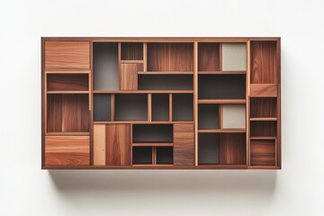 Beautiful wooden shelf with varied compartments creates storage and display space for organized living in a modern home.