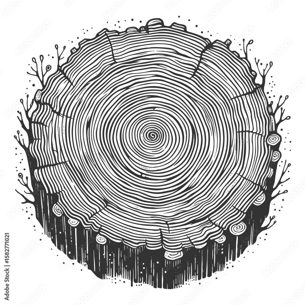 Poster tree trunk cross section showing growth rings sketch engraving generative ai fictional character vec