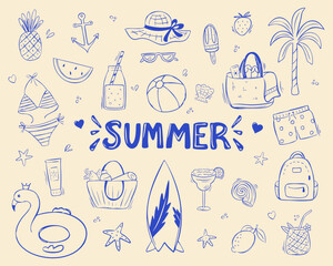 Summer set of elements in doodle style. Sketches of tropical fruits and cocktails, flamingo, beach bag, swimsuit, sunscreen and other elements for travel or vacation. Vector illustration