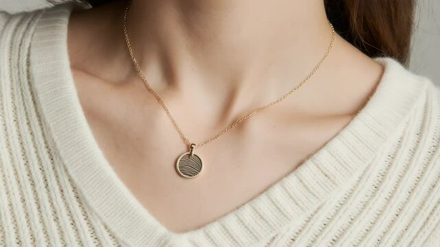 Woman wearing gold necklace with a round striped pendant close up