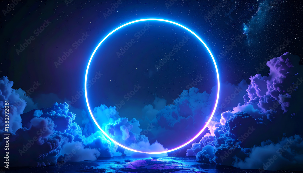Poster a glowing circular portal surrounded by vibrant clouds under a starry sky, creating a surreal and en