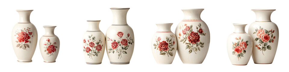 Elegant Floral Vases: Set of Four Rose-Adorned Ceramic Containers