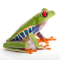 A vibrant red-eyed tree frog sits on a white surface. The frog has bright green skin with blue and orange markings. Its large red eyes are striking and prominent.