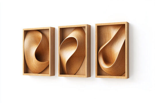 Three wooden wall art panels display unique organic, abstract shapes offering a minimalist, elegant, and contemporary design.