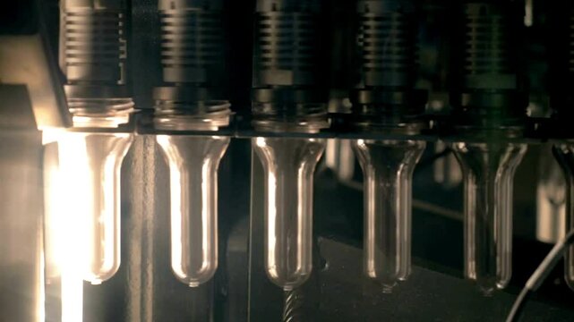 Preform Shape plastic bottle. raw material PET, HDPE Transparent move on conveyor belt Factory․