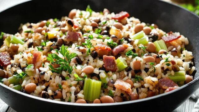 A vibrant bean-stuffed rice dish with pork, cooked to perfection in a black pot. A delightful meal option for vegetarians and spice lovers.