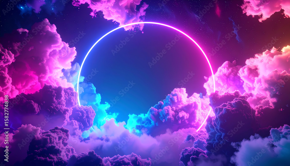Poster a vibrant, surreal scene of colorful clouds illuminated by a glowing circular light, creating a drea