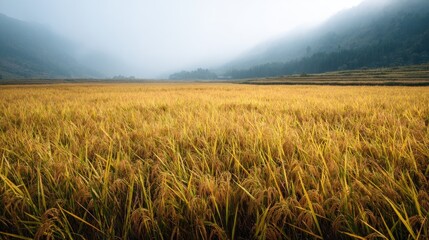 Golden rice paddy stretches to misty mountains