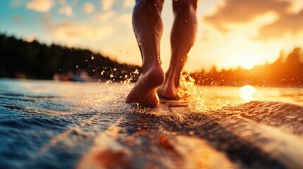 A barefoot waterskier gliding effortlessly across the lake, maintaining perfect balance as the boat pulls them forward, with copy space