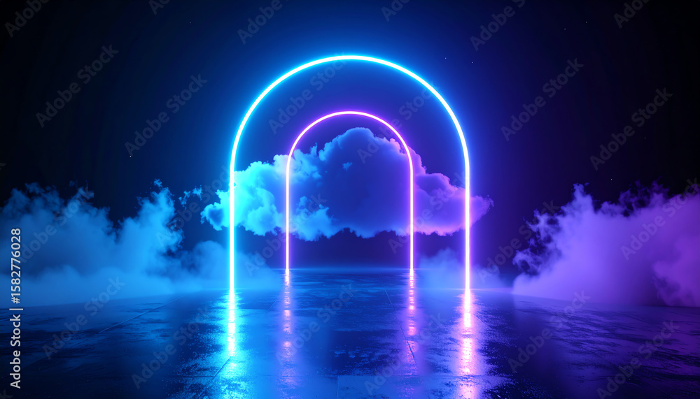 Poster a vibrant digital art scene featuring glowing neon arches against a misty backdrop, creating a surre
