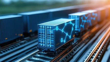 Engineer warehouse shipping concept. Futuristic cargo trains with digital patterns on containers moving along railway tracks.