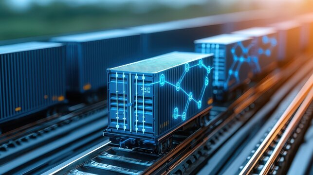 Engineer warehouse shipping concept. Futuristic cargo trains with digital patterns on containers moving along railway tracks.