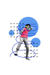 Composite sketch design artwork 3D collage of young guy dance wear headphones listen music weekend...
