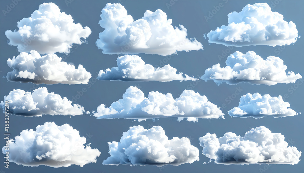 Poster Fluffy white clouds scattered across a blue sky, showcasing various shapes and sizes, creating a serene and calming atmosphere