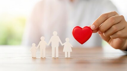 Happy family fingers holding red heart icon on white background representing healthcare and insurance