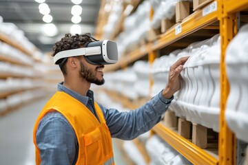Engineer warehouse shipping concept. Man using virtual reality in a warehouse, wearing a safety vest and interacting with inventory.