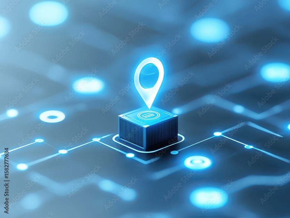 Poster engineer warehouse shipping concept. digital illustration of a location marker on a data-driven back
