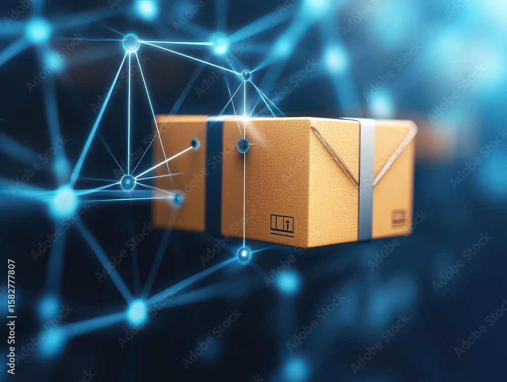 Poster engineer warehouse shipping concept. digital representation of a package connected to network nodes,