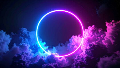 Obraz premium A vibrant neon circle glows against a backdrop of colorful clouds, creating a surreal and captivating cosmic scene