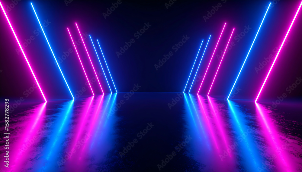 Poster vibrant neon lights create a futuristic atmosphere, illuminating a reflective floor in a dark space,