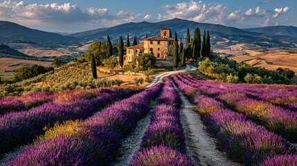 Picturesque tuscan landscape with a historic farmhouse and cypress trees overseeing a vibrant purple lavender field. Rural Italy