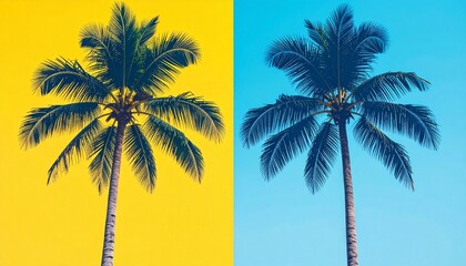 Two palm trees are displayed side-by-side, one against a yellow background and the other against a light blue background.