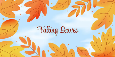 Colorful horizontal banner with autumn leaves border on blue sky background. Falling leaves. Seasonal fall foliage vector illustration