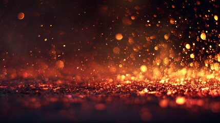 Glowing fire sparkles with warm bokeh light effect in dark background