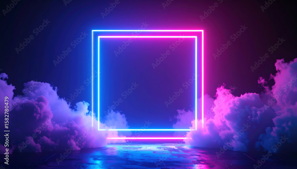 Aufkleber a glowing neon frame surrounded by colorful clouds in a dark setting, creating a surreal and vibrant