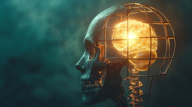 Glowing brain trapped in skull cage, symbolizing limitations and potential of human mind