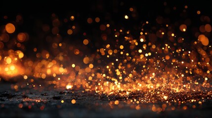 Glowing fire sparkles with warm bokeh light effect in dark background