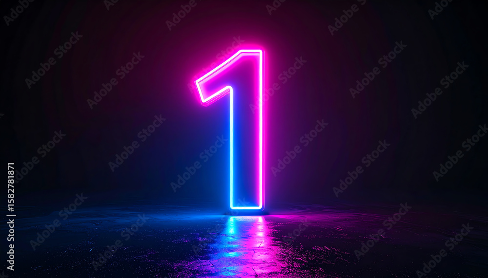 Aufkleber a vibrant neon number one glows against a dark background, creating a striking visual effect with a 