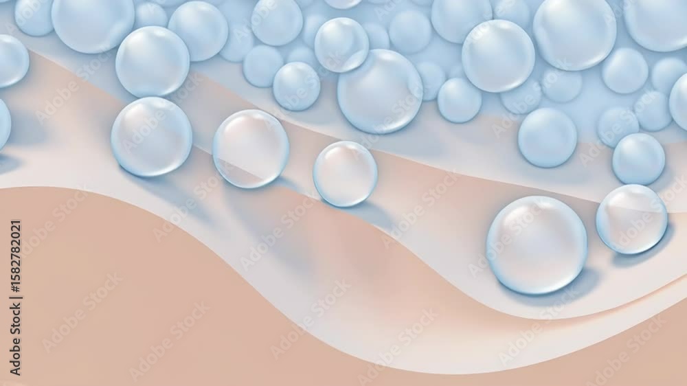 Poster animation. abstract illustration of numerous translucent bubbles floating against a soft blue backgr