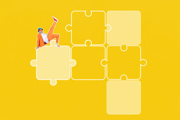 Full 3d art trend collage of happy old businessman dance puzzle element jigsaw strategy development...