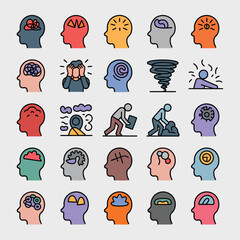 Collection of Twenty Five Diverse Colorful Line Icons Depicting Mental Health Conditions Stress Anxiety Overwhelm and Cognitive Processes