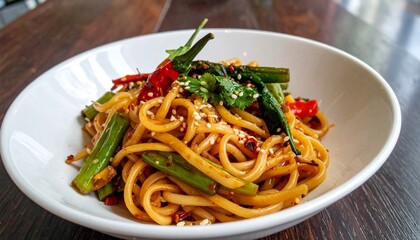 delicious asian dish udon with hot peppers, green beans, spices and herbs 