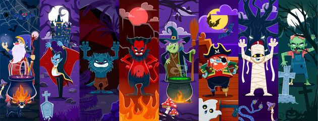 Halloween holiday scary characters collage, vector horror night monsters. Cartoon cute witch, ghost, mummy and dracula with spooky Halloween pumpkins and bats. Cute zombie, devil and wizard characters © Vector Tradition