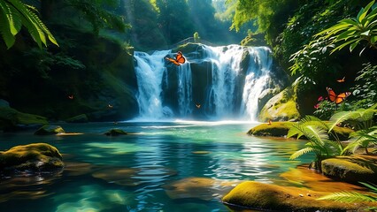 Fototapeta premium Tranquil Waterfall Serenity: Butterflies Dance in a Lush Paradise