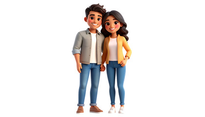Obraz premium Cartoon couple standing side-by-side, holding hands, smiling against a plain white background.