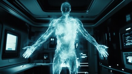 Holographic figure in futuristic lab