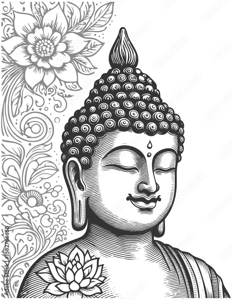 Poster smiling buddha peaceful face with closed eyes and gentle smile sketch engraving generative ai fictio
