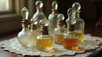 Antique perfume bottles arranged delicately on lace, bathed in soft vintage light. Focus is on intricate detail & nostalgic feel., ultra detailed, 8k resolution, HDR, professional
