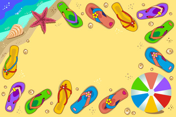 Framed beach vacation background with flip-flops and ball
